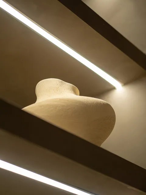 Jarrón en una estantería iluminada